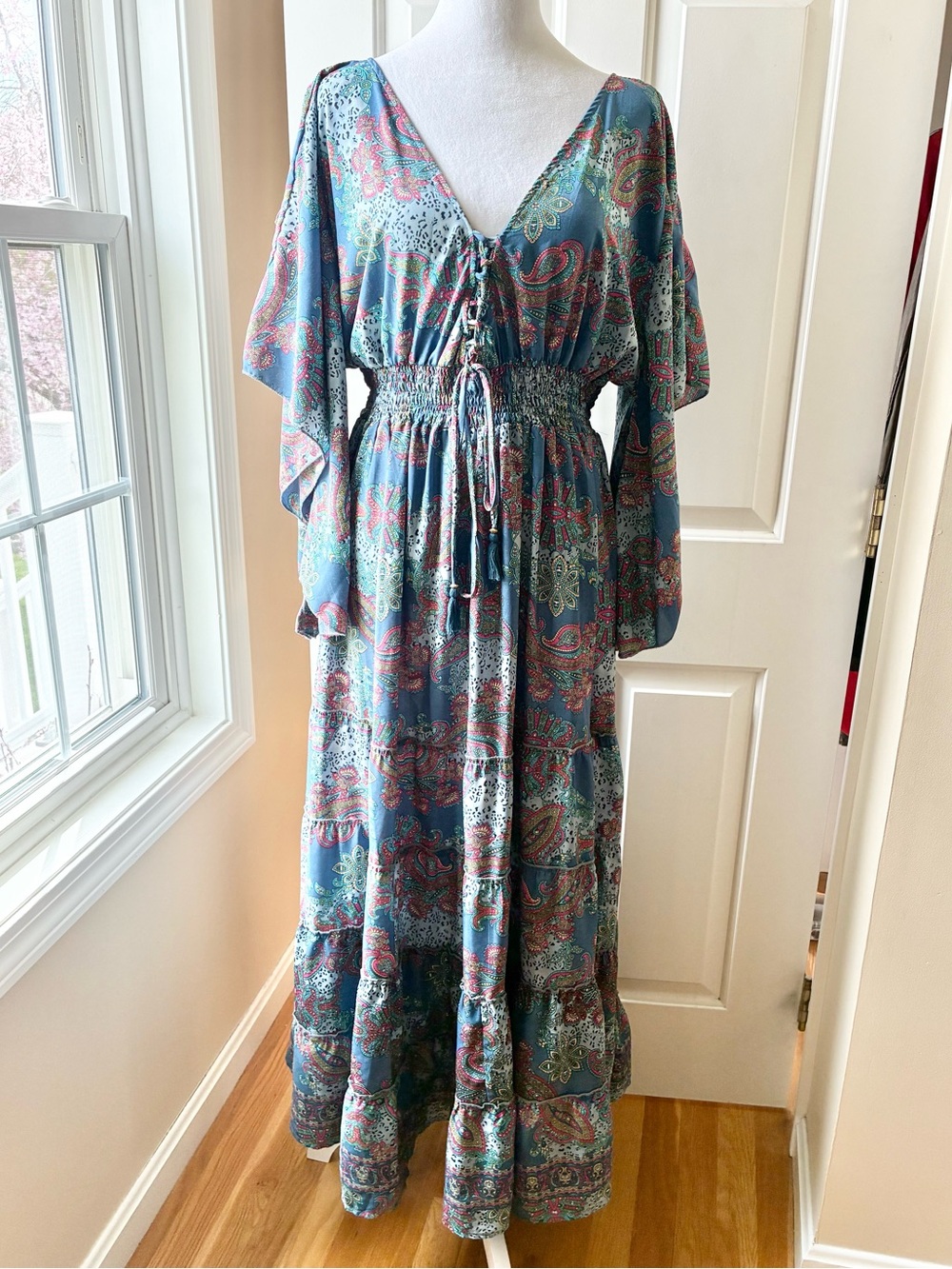 Anthropologie Boemo Tiered Maxi Dress Kimono Sleeves Paisley Multicolor Size L